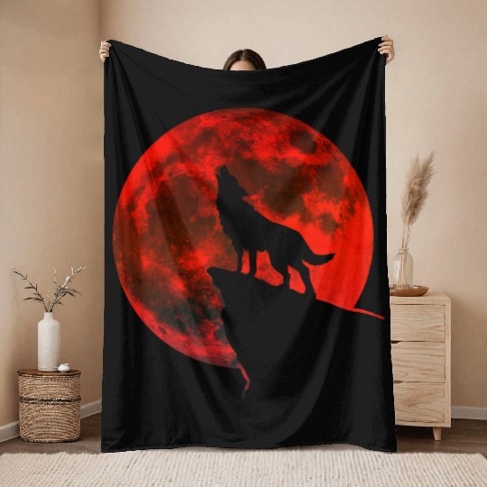 Howling wolf full blood moon space galaxy gift dog Throw Blankets