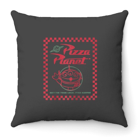 disneys pixars Toy Story Alien Pizza Planet Box Art Raglan Throw Pillows