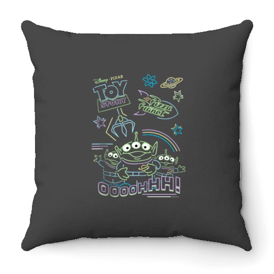 disneys And Pixars Toy Story Pizza Planet Aliens Neon Throw Pillows
