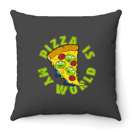 disneys pixars Toy Story Aliens Pizza Is My World Throw Pillows
