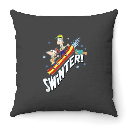 disneys Phineas And Ferb Swinter Snowboarding Shot Throw Pillows
