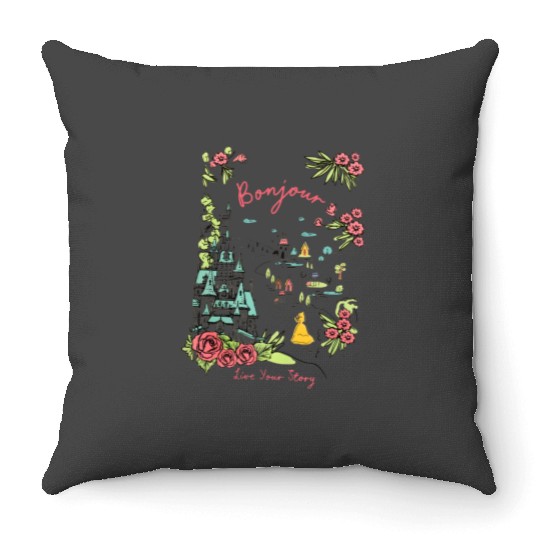 Disney Castle Belle Princess Bonjour Rose , Beauty and the Beast Floral Tee, Magic Kingdom Disneyland Family Holiday 2024 Trip Throw Pillows