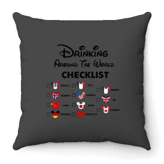 Mickey Beer Minnie Front and Back, Epcot Drinking Around The World , Drinking Around the world checklist, Disney Couple s Throw Pillows