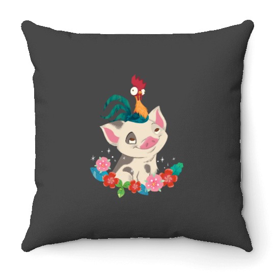 Disney Moana Hei Hei Rooster Pua Flowers Sketch Portrait Throw Pillows