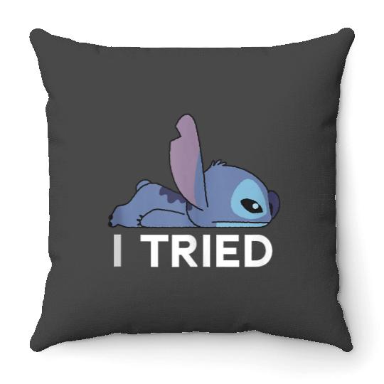 Disney Lilo Stitch Lazy Chibi Stitch I Tried Bold Logo Throw Pillows
