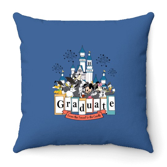 From The Tassel To The Castle Graduate 2023 Throw Pillows, Disney Graduation Mickey & Friends Happy Grad Throw Pillows