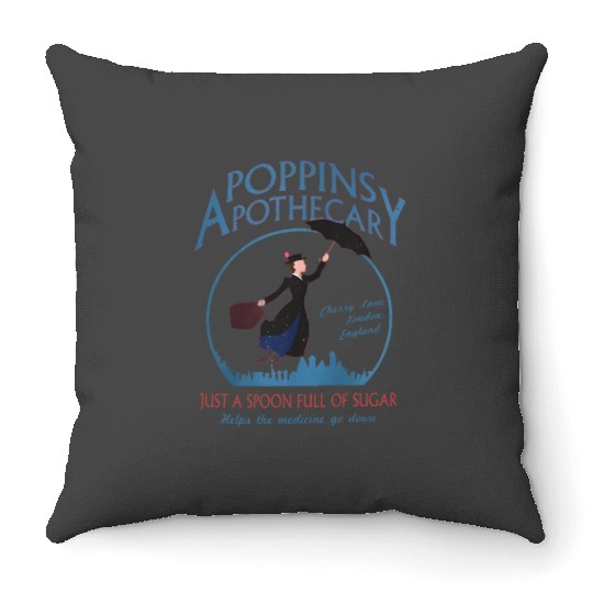 Retro Poppins Apothecary Mary Poppins Throw Pillows, Funny Disney Throw Pillows