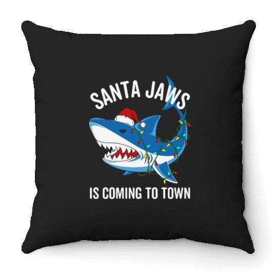 Santa Jaws Is Coming To Town Funny Christmas Shark Throw Pillows