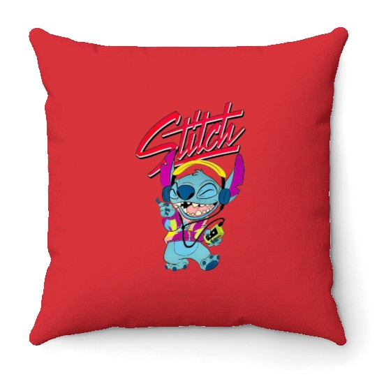 Stich wearing Aloha Throw Pillows, Disney Stitch music Throw Pillows
