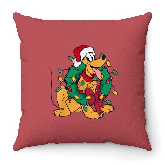 Pluto Wear Santa Hat Hug Christmas Wreath Throw Pillows, Very Merry Xmas Party Disney Trip Throw Pillows