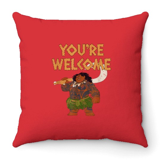 disneys Moana Maui Confident Pose You're Welcome Retro Logo Throw Pillows