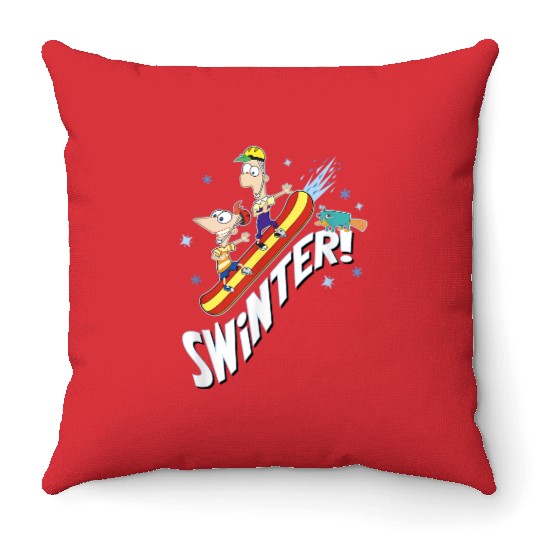 disneys Phineas And Ferb Swinter Snowboarding Shot Throw Pillows