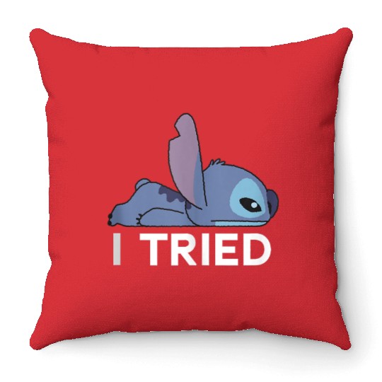 Disney Lilo Stitch Lazy Chibi Stitch I Tried Bold Logo Throw Pillows