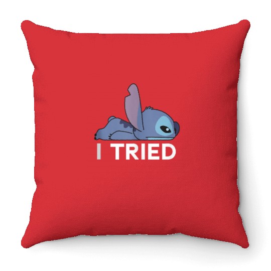 Disney Lilo Stitch Lazy Chibi Stitch I Tried Bold Logo Throw Pillows