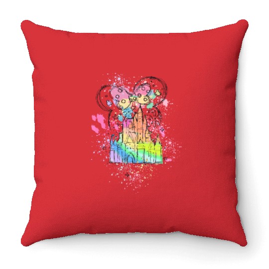 Rainbow Pastel Watercolor Castle Disney Throw Pillows, Minnie Mouse Throw Pillows