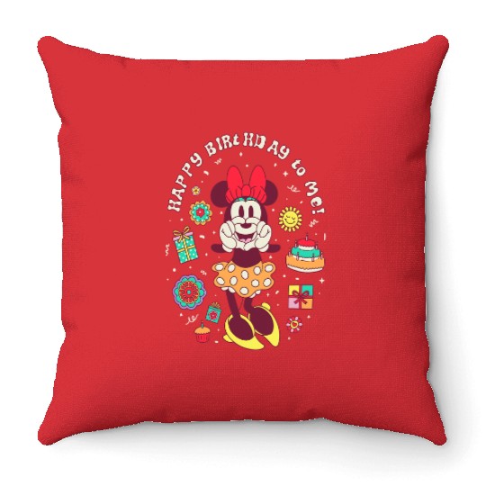 Disney Minnie Mouse Happy Birthday To Me Finger Heart Retro Throw Pillows