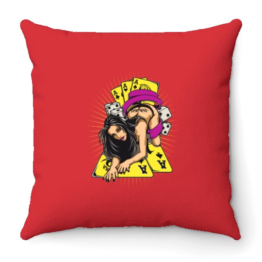 Sexy-girl-cards-aces-poker-game-cartoon Throw Pillows