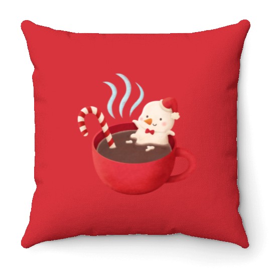 Cute Snowman in Hot Cocoa Throw Pillows