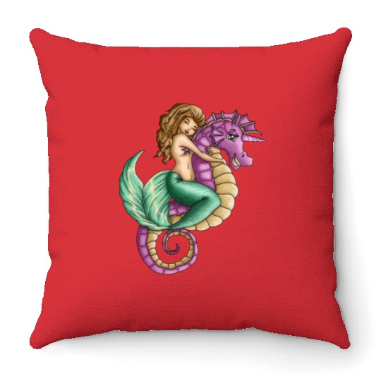 Little mermaid and cute seahorse lovely friendship Throw Pillows
