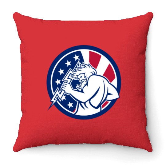 Zeus With Thunderbolt USA Flag Icon Throw Pillows