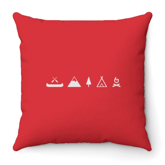 Camping canoe, campfire with mountain Throw Pillows