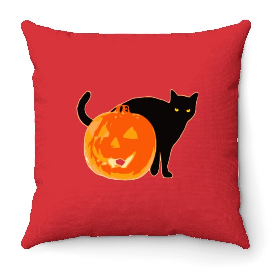 Halloween Black Cat Jack o Lantern Pumpkin Funny Throw Pillows