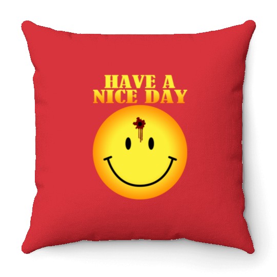 smiley face bullet hole Throw Pillows