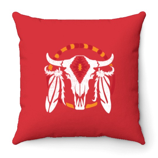 Aztec Pattern Cow Skull Cowboy Indian Mexican Throw Pillows