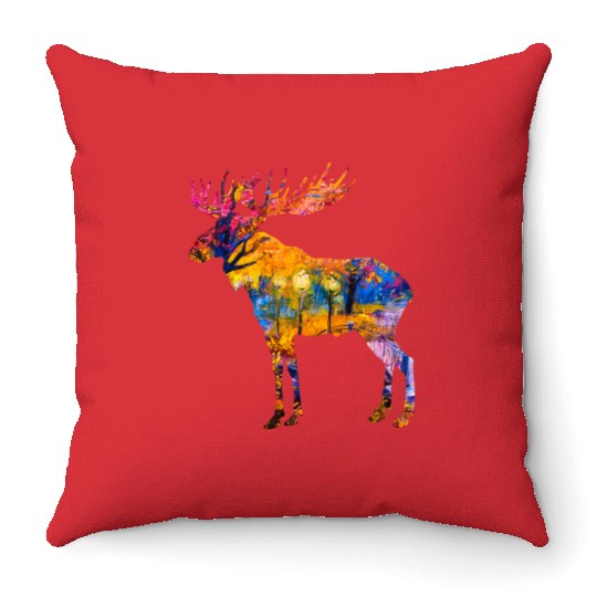 Colorful Canadian Moose Throw Pillows Abstract Paint Wild