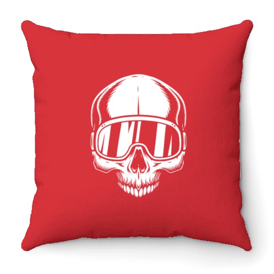 Skull with ski goggles, skiing, snowboarding Throw Pillows
