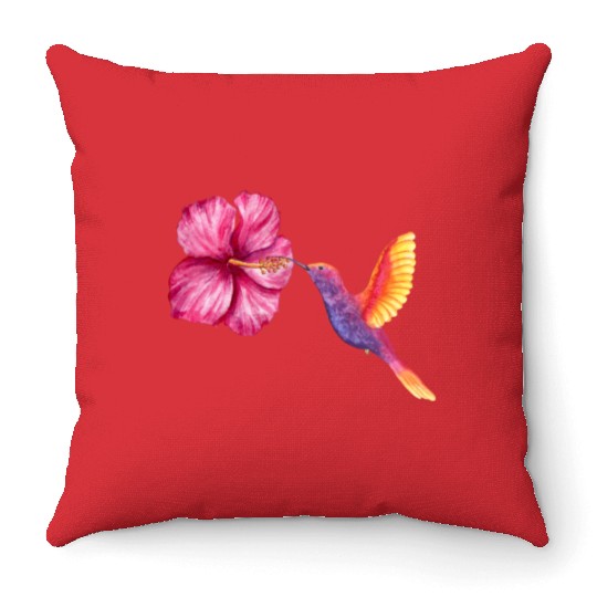 humming-bird hibiscus Throw Pillows