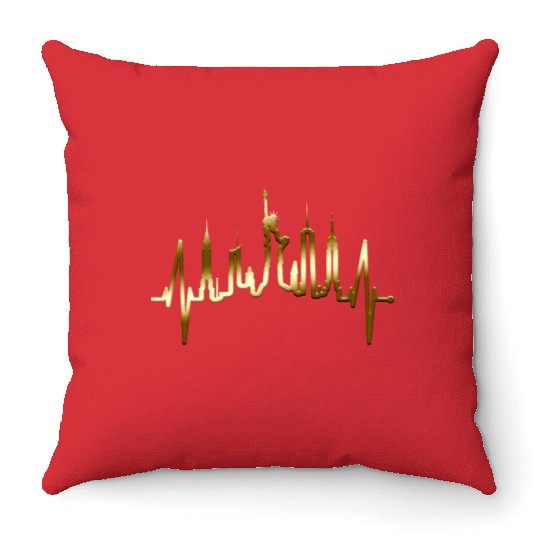 New York City Heartbeat Manhattan Skyline USA Gold Throw Pillows