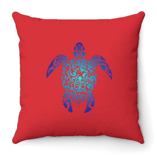 Tribal Sea Turtle Ocean Blue Hawaii Polynesian Throw Pillows