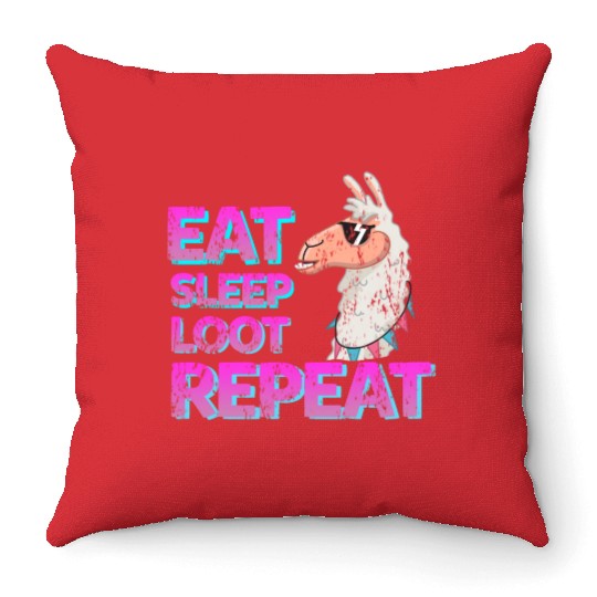 cool Llama eat sleep loot Throw Pillows
