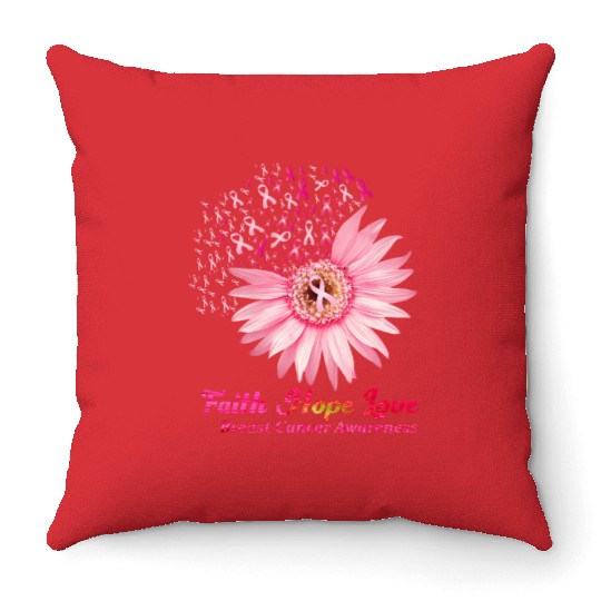 Faith Hope Love Breast Cancer Awareness Flower Pin Throw Pillows