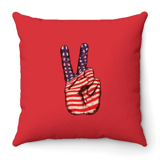 American Flag Peace Sign V Victory Hand Throw Pillows