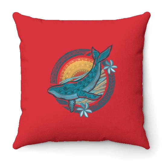 Circular Vintage Tribal Whale Dive Throw Pillows