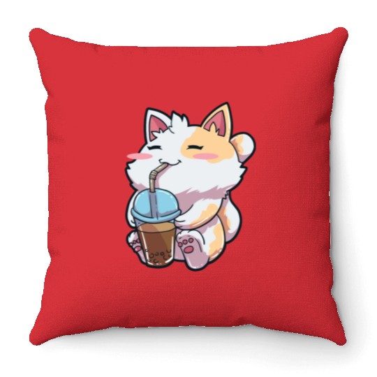 Cat Bubble Tea Anime Throw Pillows