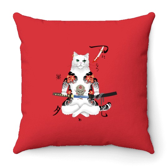 Japanese Samurai Cat Katana Ninja Yakuza Tattoo Throw Pillows