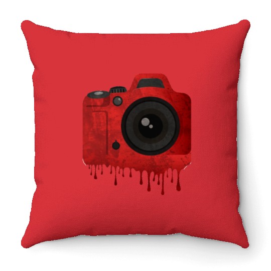 Red splatter camera Throw Pillows