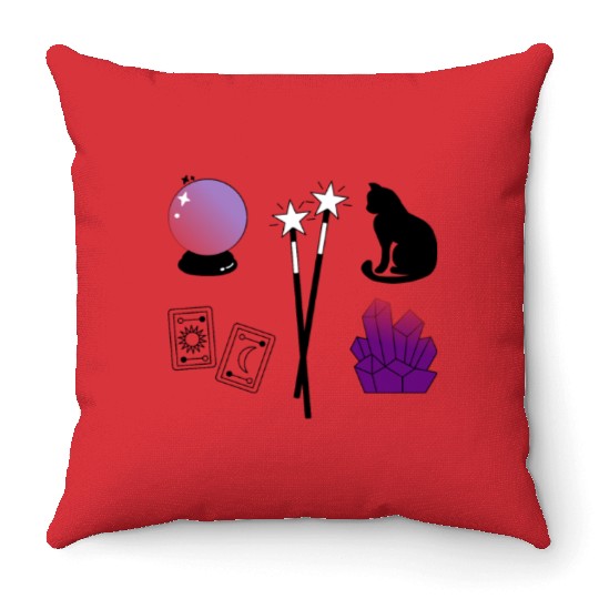 witch magic wand crystal ball tarot crystal cat Throw Pillows