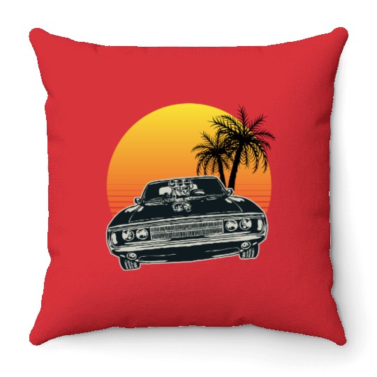 Muscle Car Sunset Throw Pillows