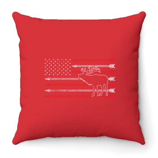 American Flag Elk Hunting Throw Pillows - Crossbow Hunting