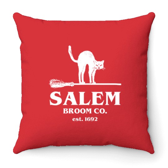 Salem Broom Co Company Halloween Black Cat Witch A Throw Pillows