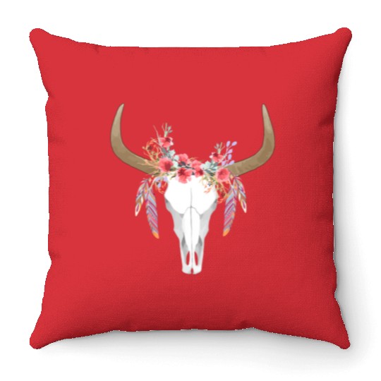 Floral Cow Skull With Feathers Bull Skull Throw Pillows