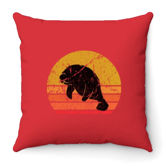 Retro Sun Dugong Manatee Sea Cow Gift Throw Pillows