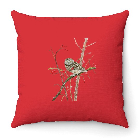 Little Owl On Rosehip - Garden Birds In Spring Throw Pillows