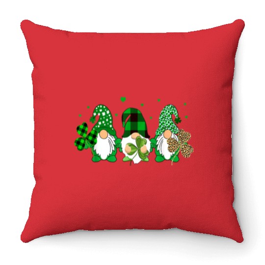 Three Gnomes Holding Shamrock Leopard Plaid Throw Pillows