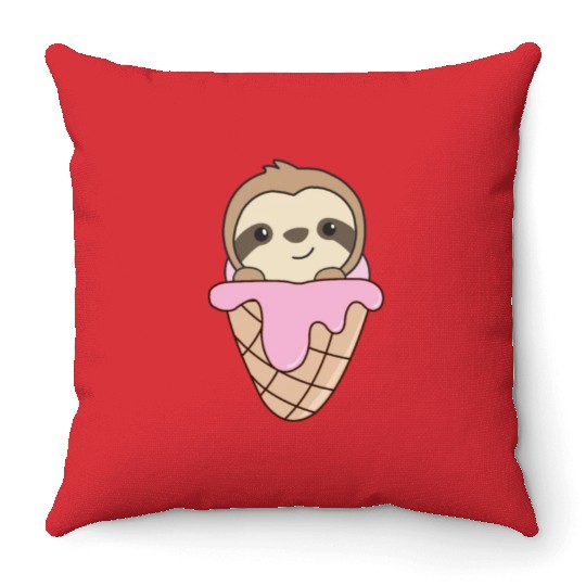 Sloth Pink Ice Cream Waffle Cute Animals For Kids Throw Pillows
