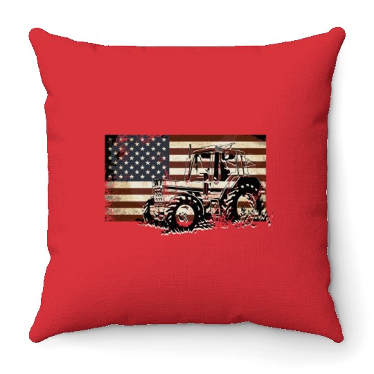Farm Tractor Usa Flag Patriotic Vintage Farmer Far Throw Pillows